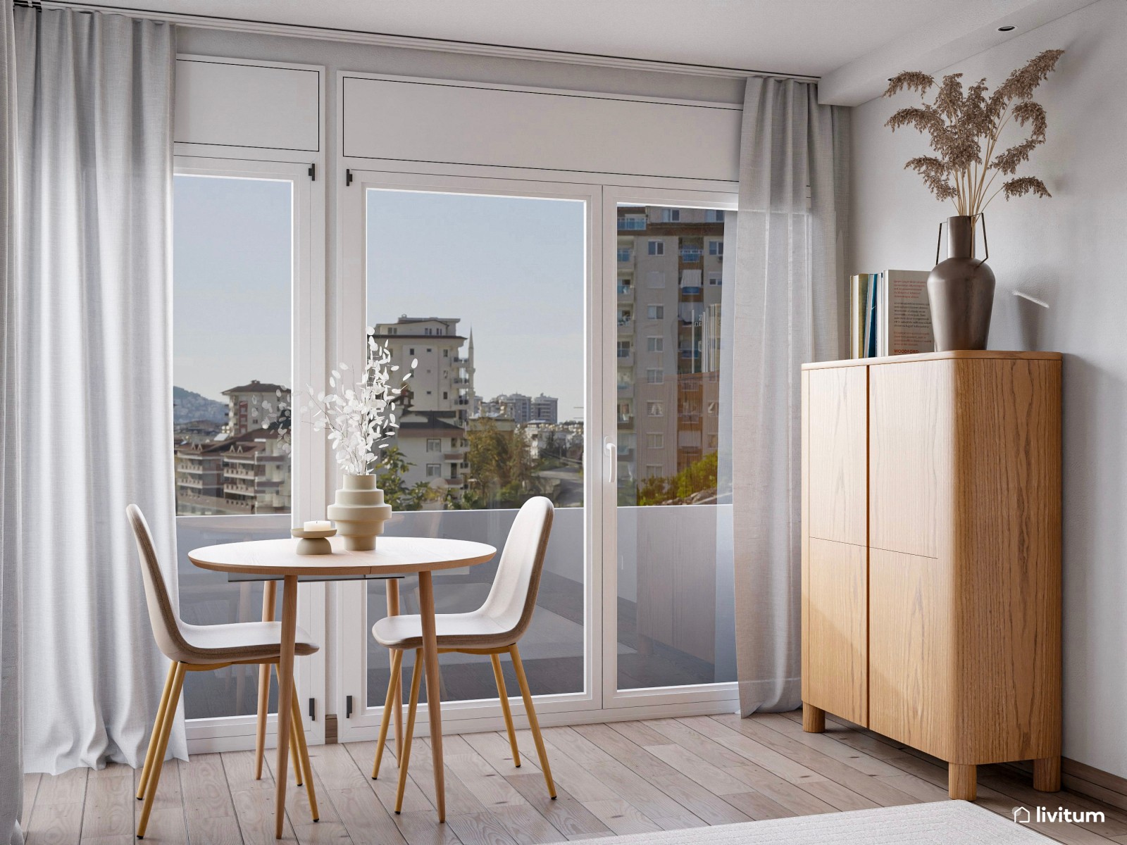 Salón comedor con cocina abierta y zona de despacho separada por listones de madera
