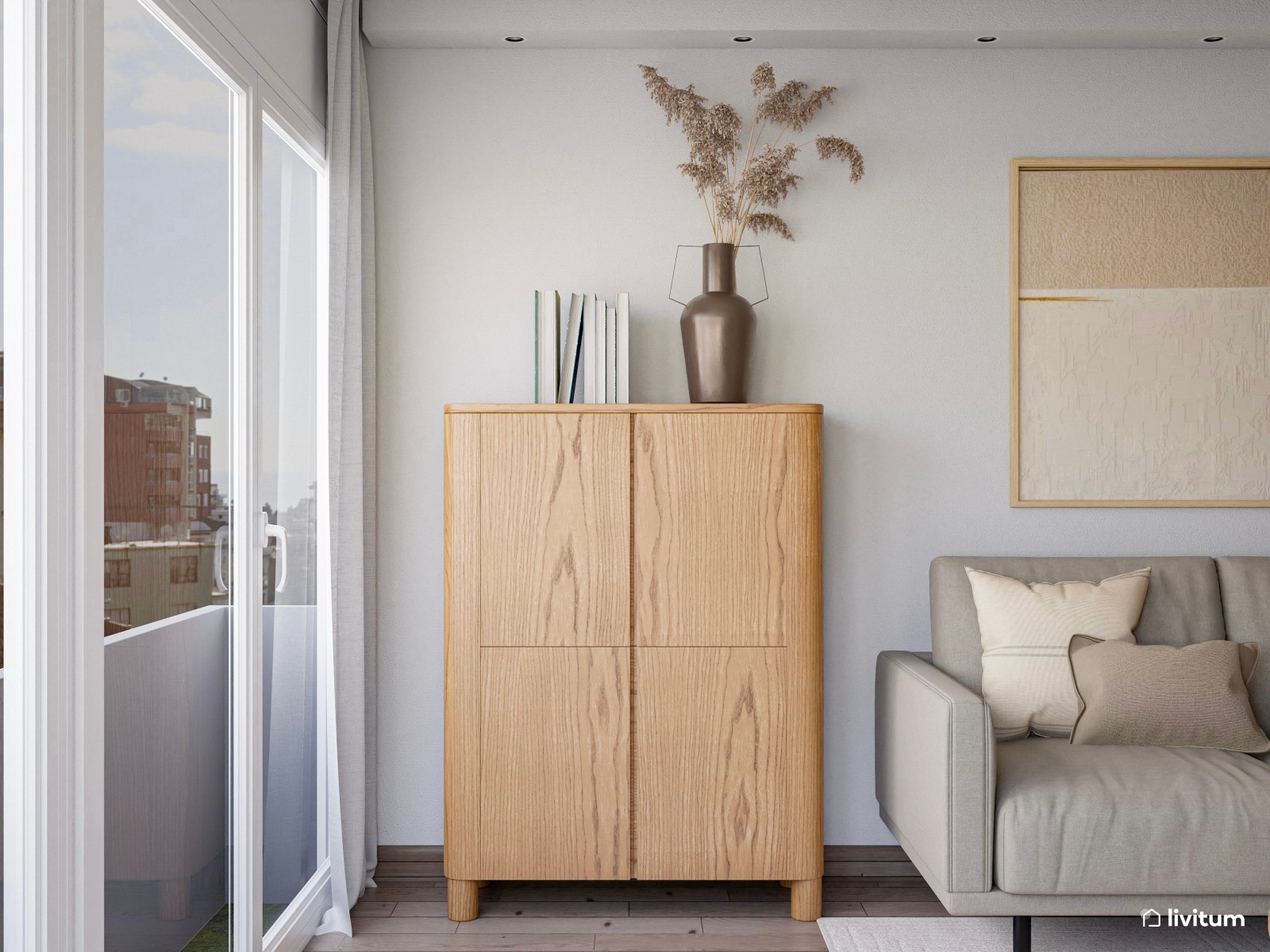 Salón comedor con cocina abierta y zona de despacho separada por listones de madera
