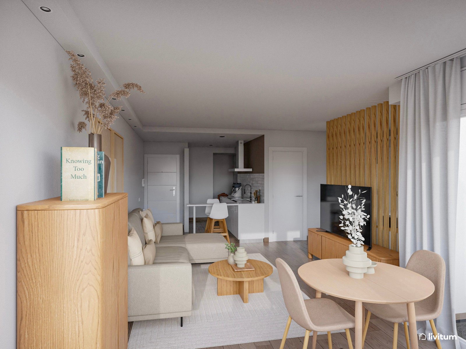 Salón comedor con cocina abierta y zona de despacho separada por listones de madera