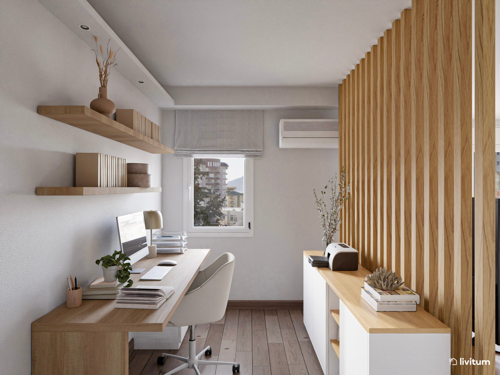 Salón comedor con cocina abierta y zona de despacho separada por listones de madera