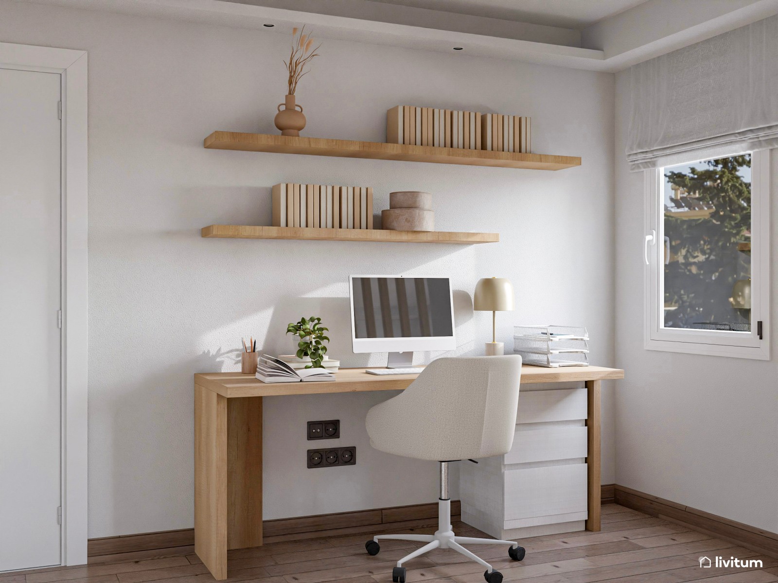Salón comedor con cocina abierta y zona de despacho separada por listones de madera