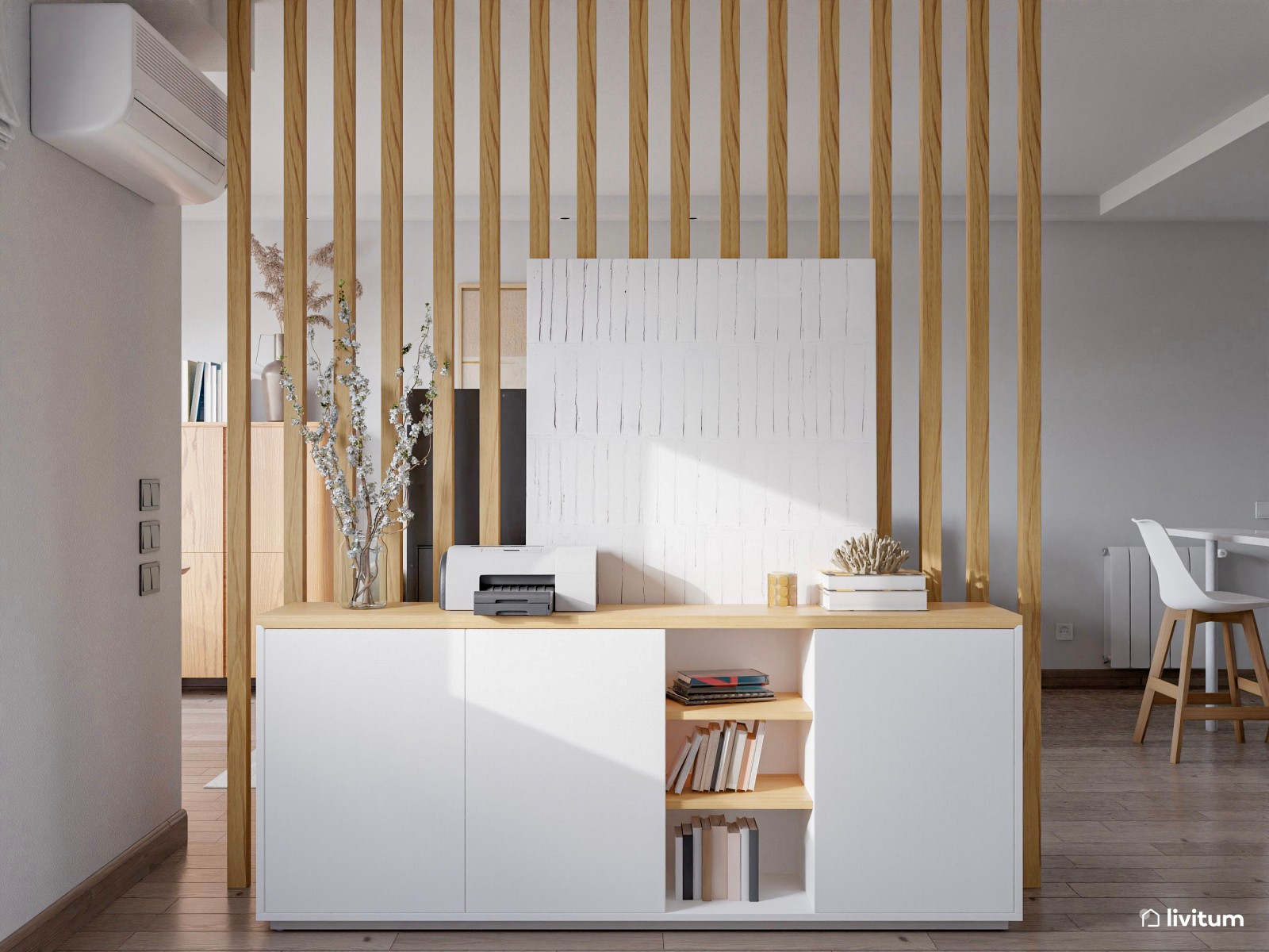 Salón comedor con cocina abierta y zona de despacho separada por listones de madera