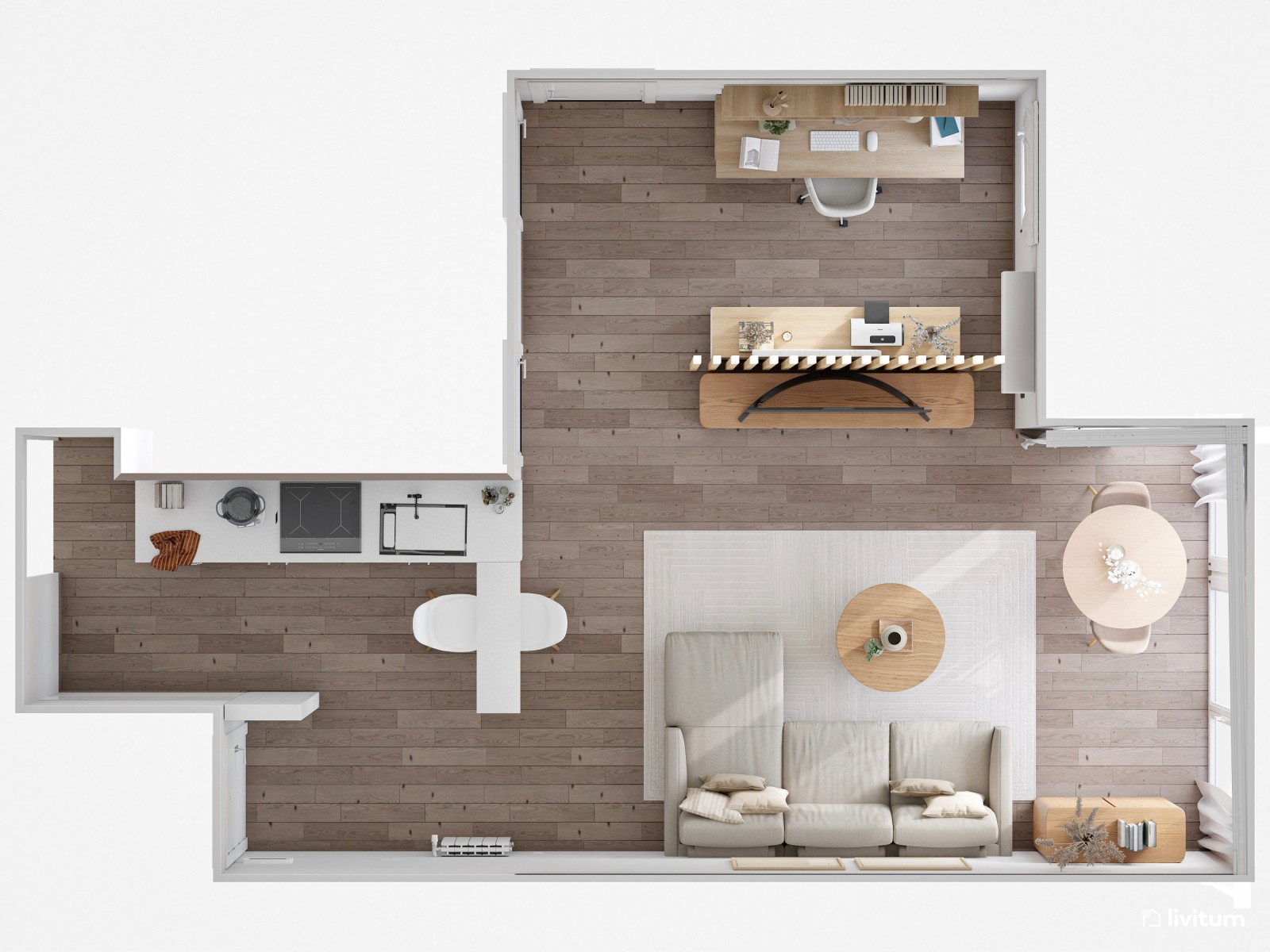 Salón comedor con cocina abierta y zona de despacho separada por listones de madera