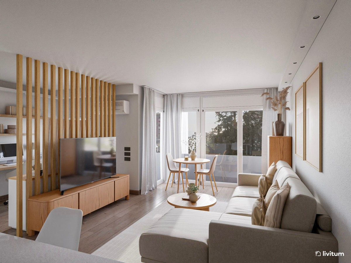 Salón comedor con cocina abierta y zona de despacho separada por listones de madera