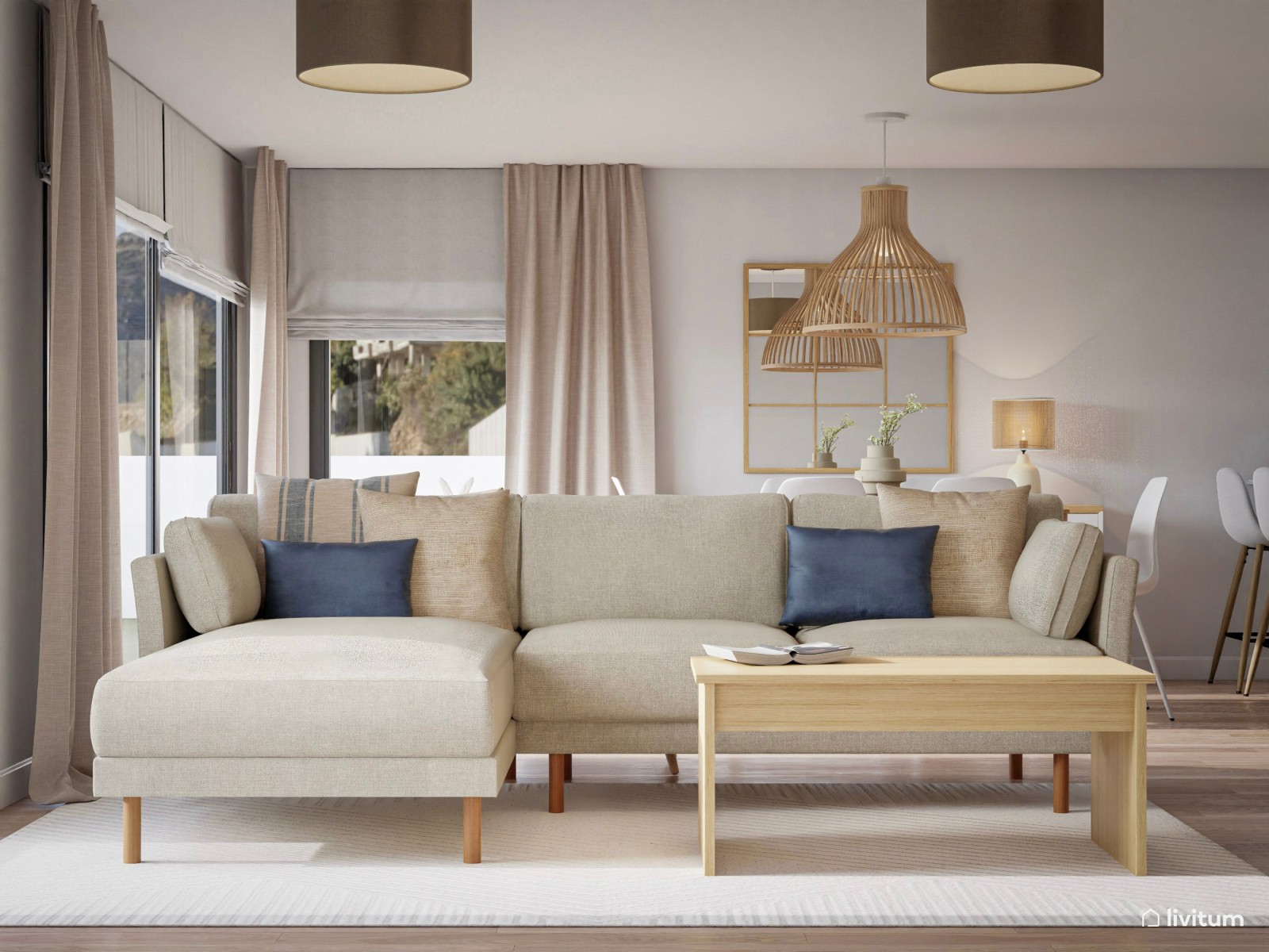 Salón comedor con cocina abierta y zona de juegos 
