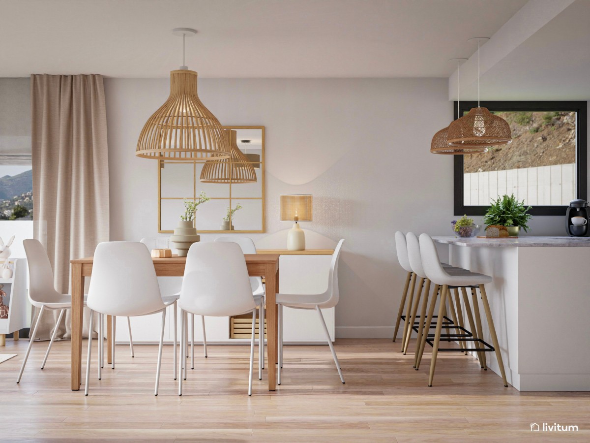 Salón comedor con cocina abierta y zona de juegos