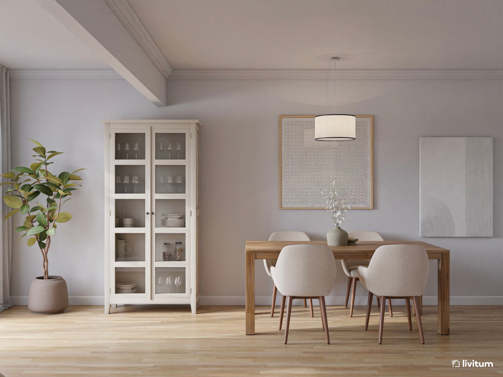 Salón comedor con detalles clásicos y vintage en blanco