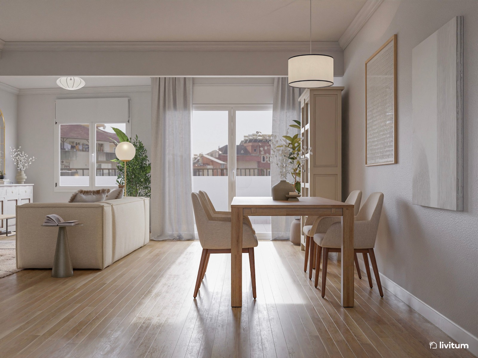 Salón comedor con detalles clásicos y vintage en blanco