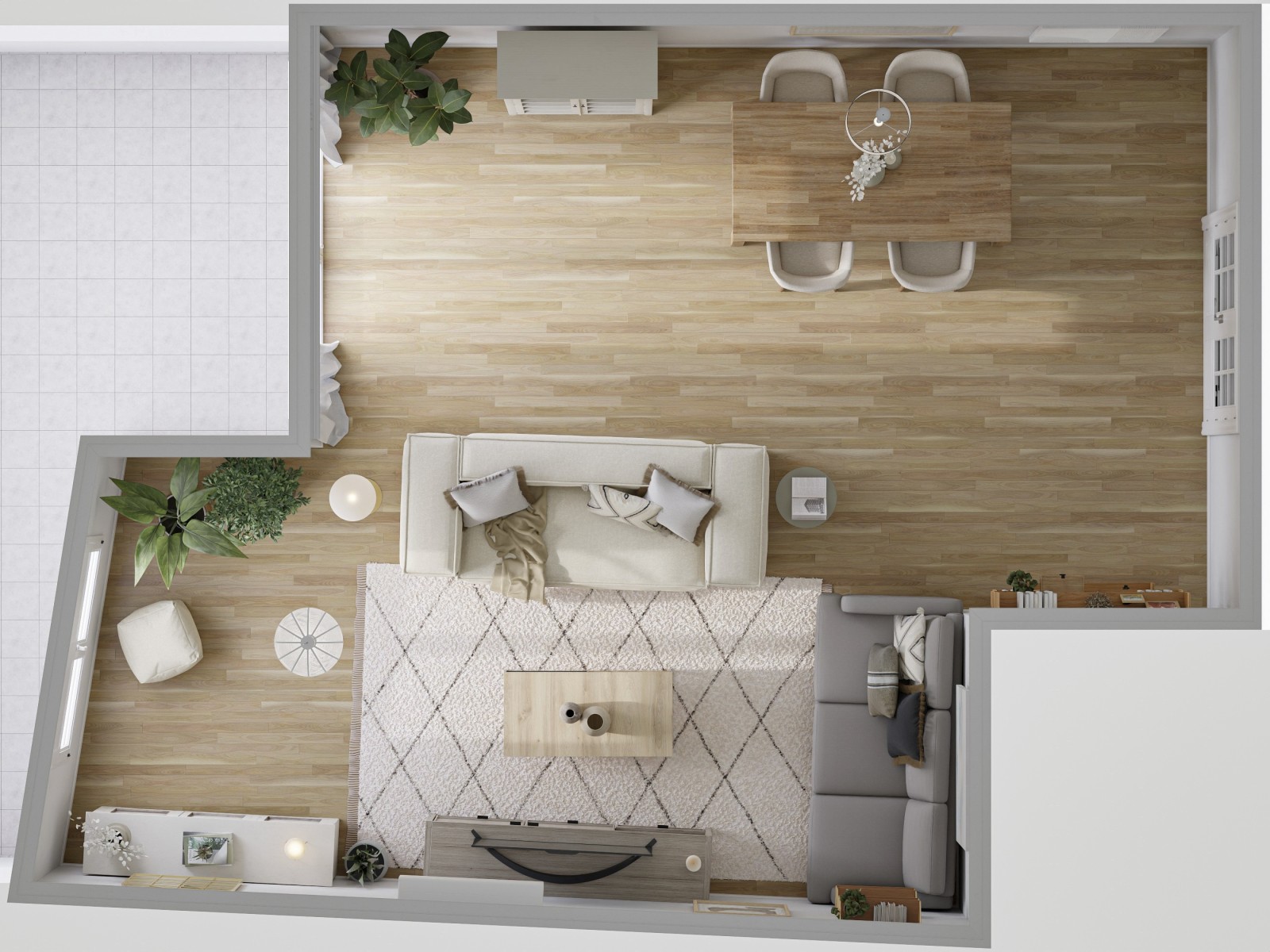 Salón comedor con detalles clásicos y vintage en blanco