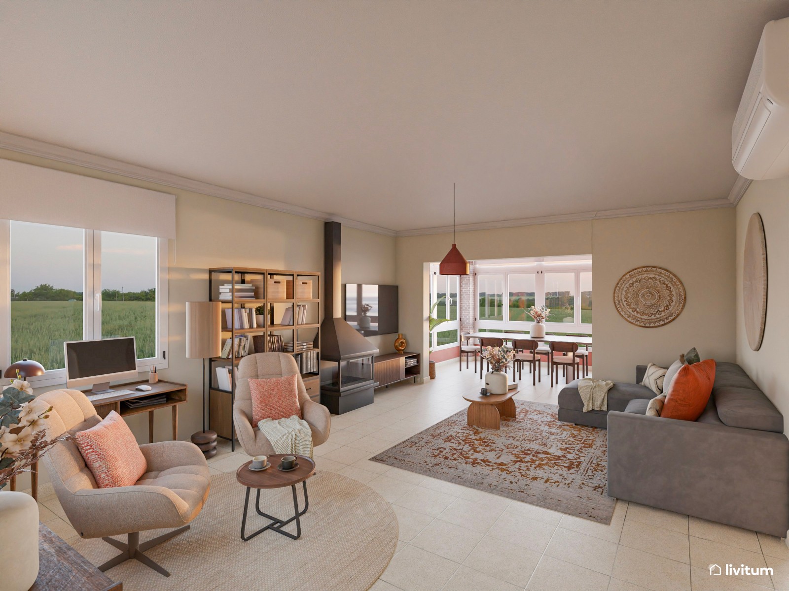 Salón comedor con el color teja como protagonista