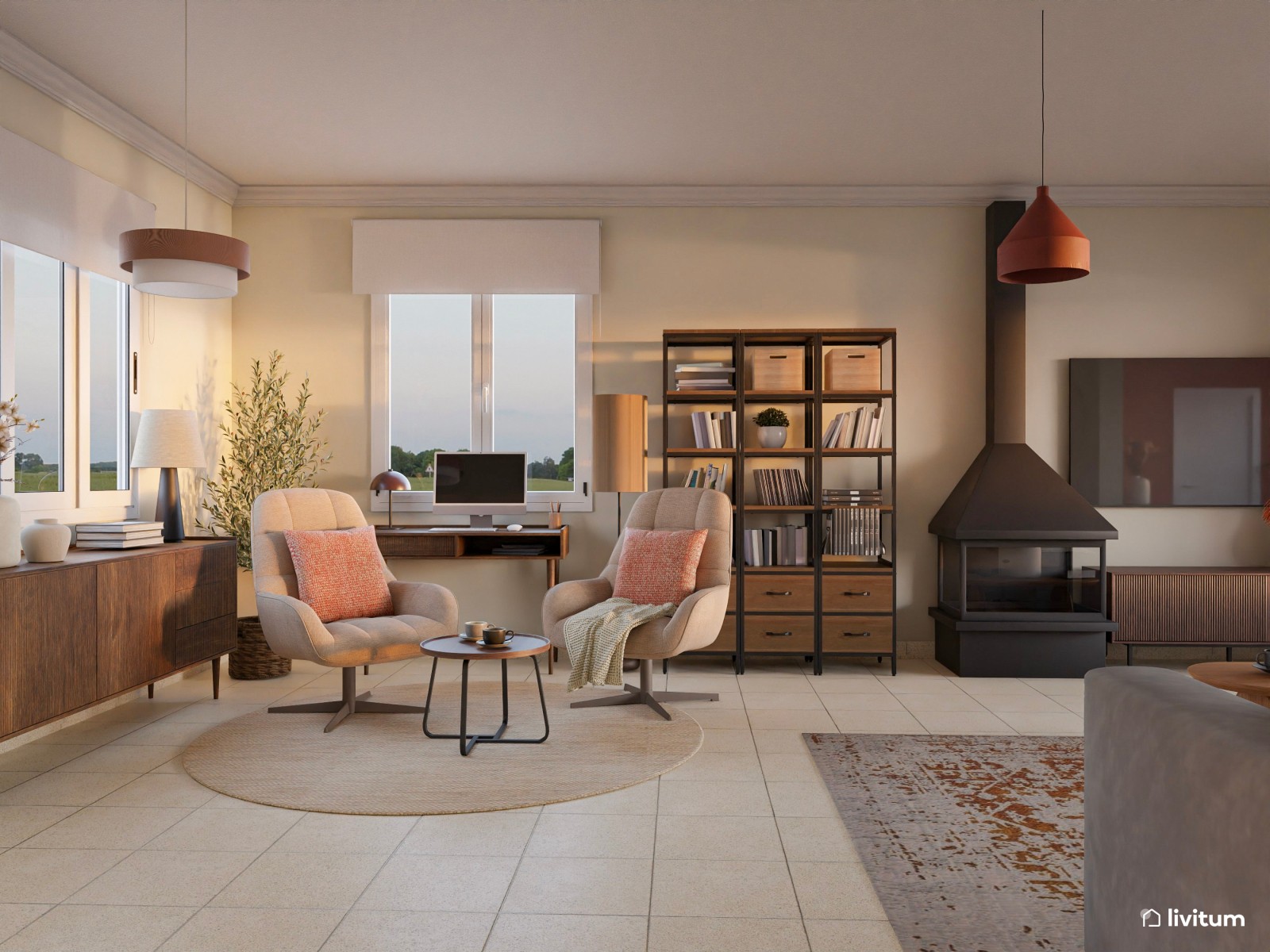 Salón comedor con el color teja como protagonista