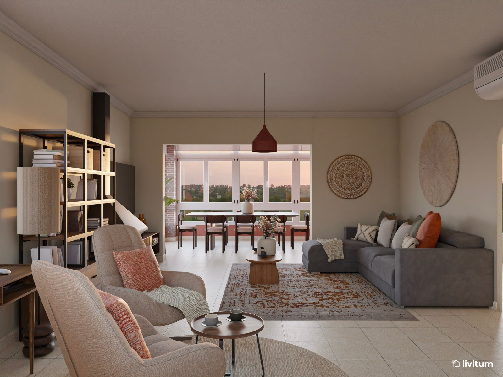 Salón comedor con el color teja como protagonista