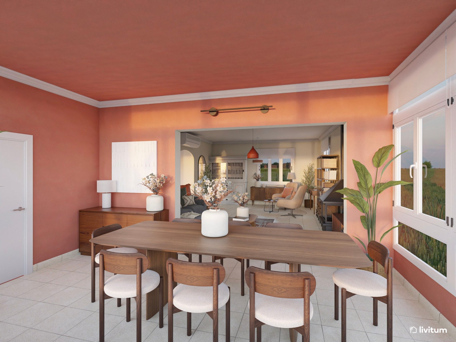 Salón comedor con el color teja como protagonista