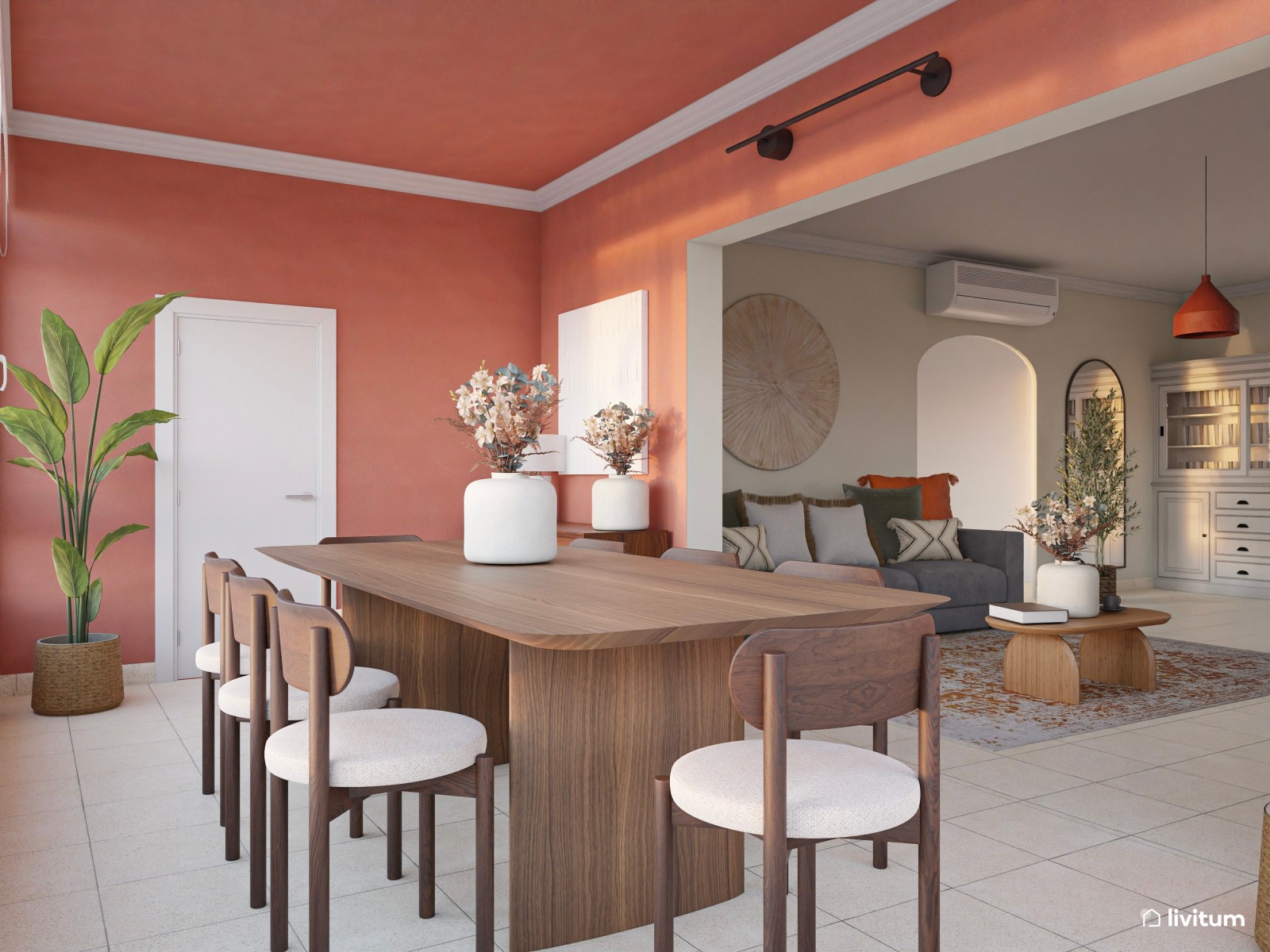 Salón comedor con el color teja como protagonista