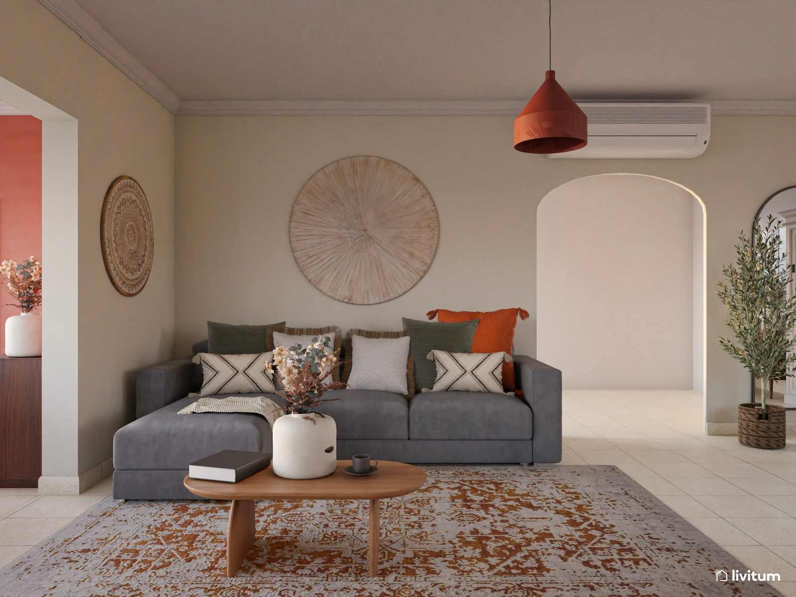 Salón comedor con el color teja como protagonista