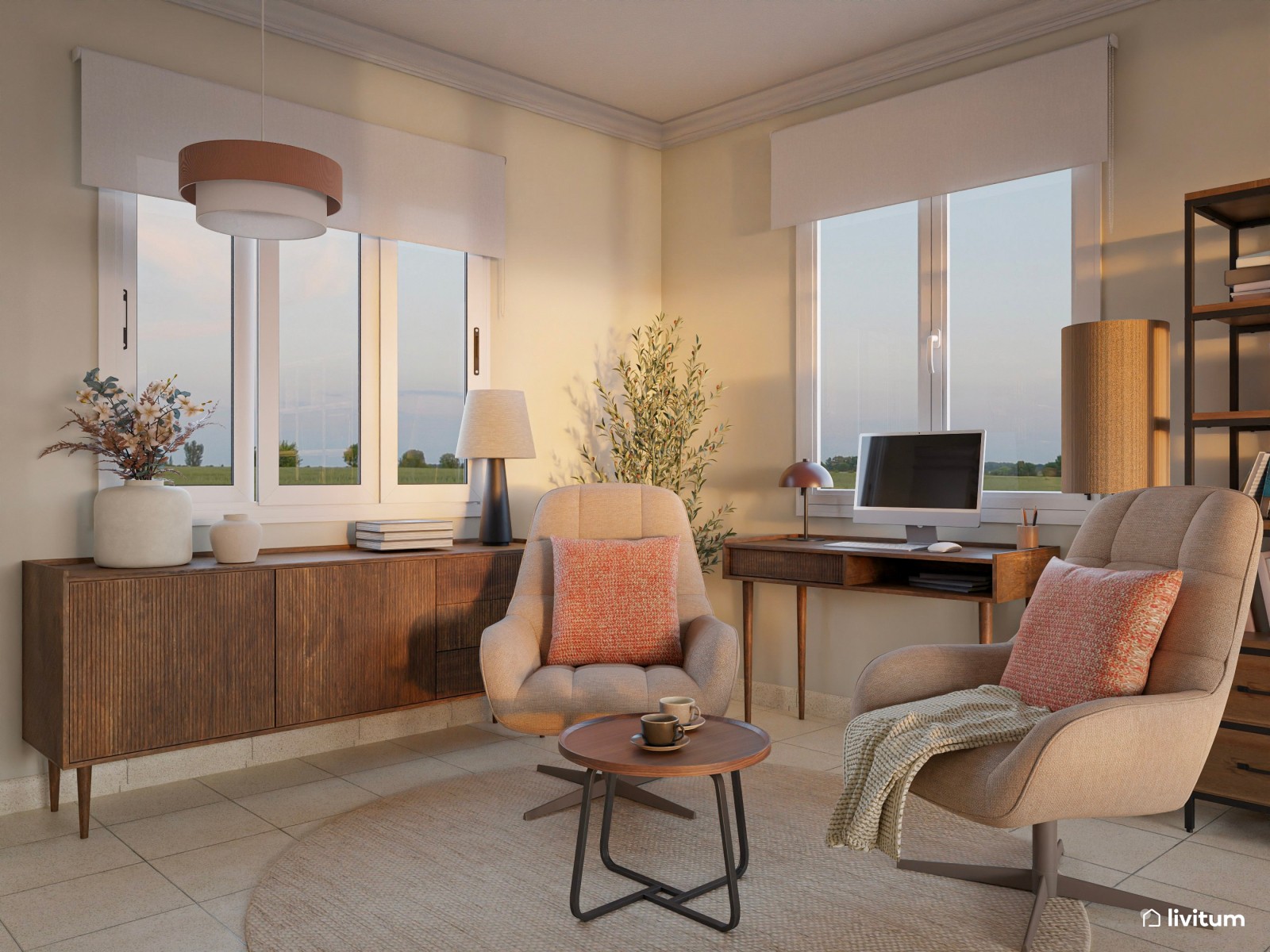 Salón comedor con el color teja como protagonista