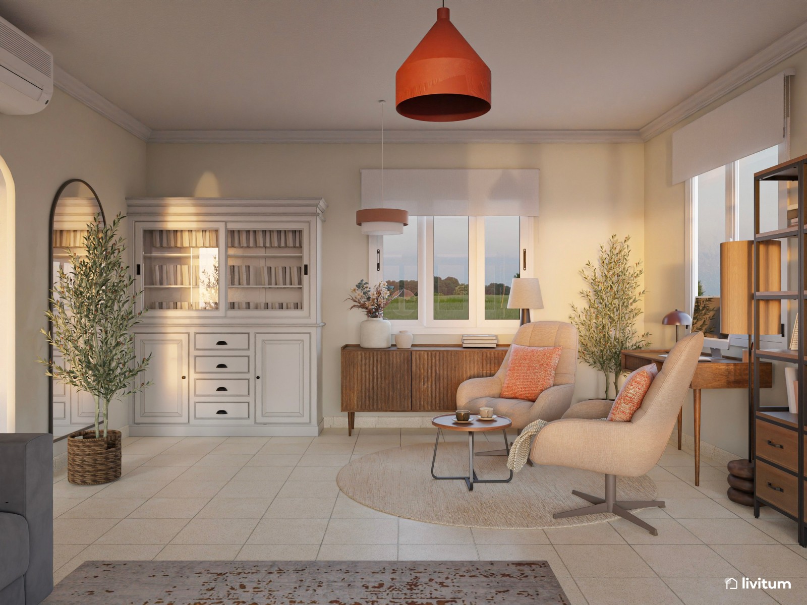 Salón comedor con el color teja como protagonista