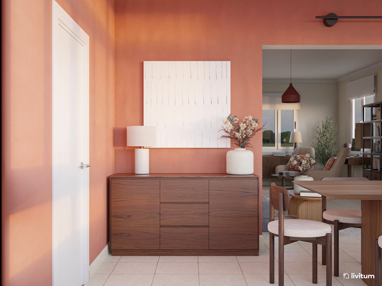 Salón comedor con el color teja como protagonista