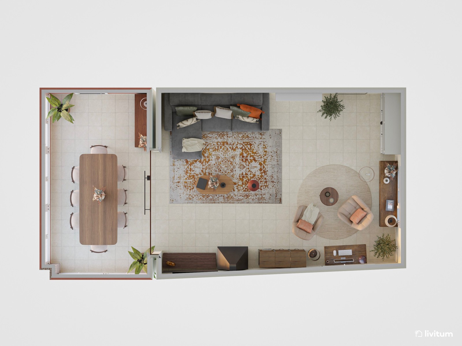 Salón comedor con el color teja como protagonista