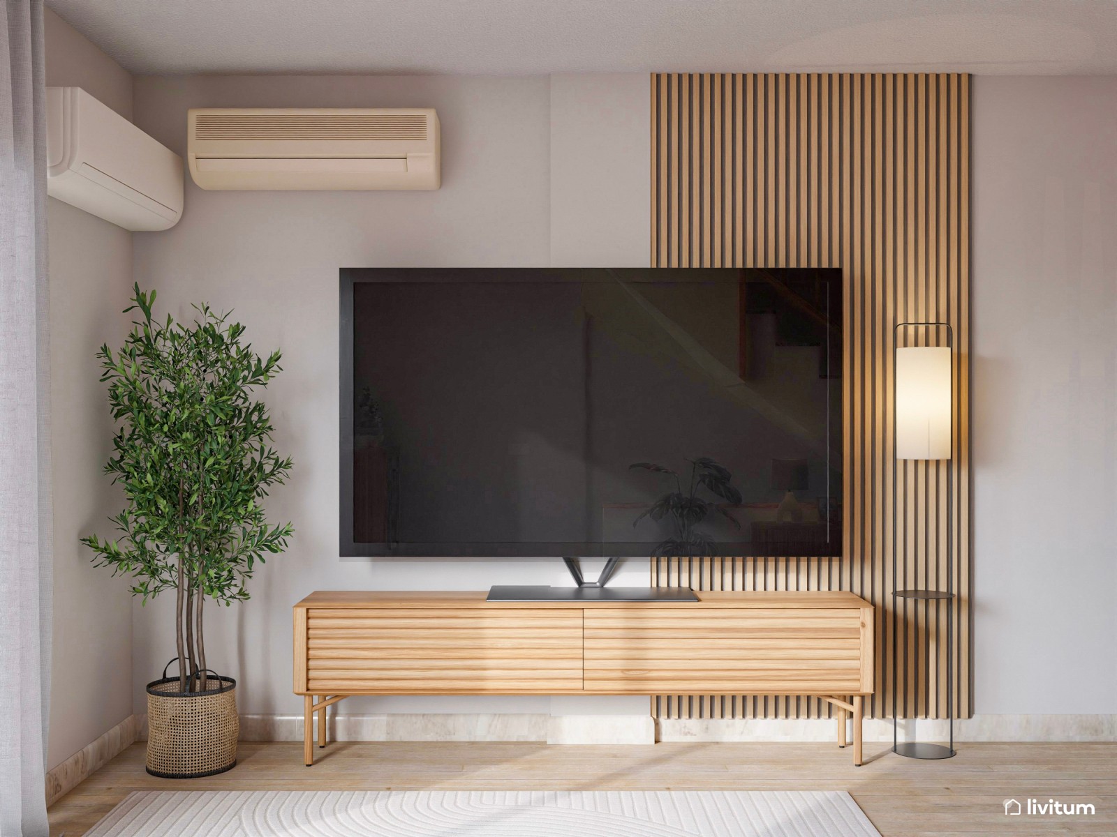 Salón comedor con listones de madera en pared y muebles