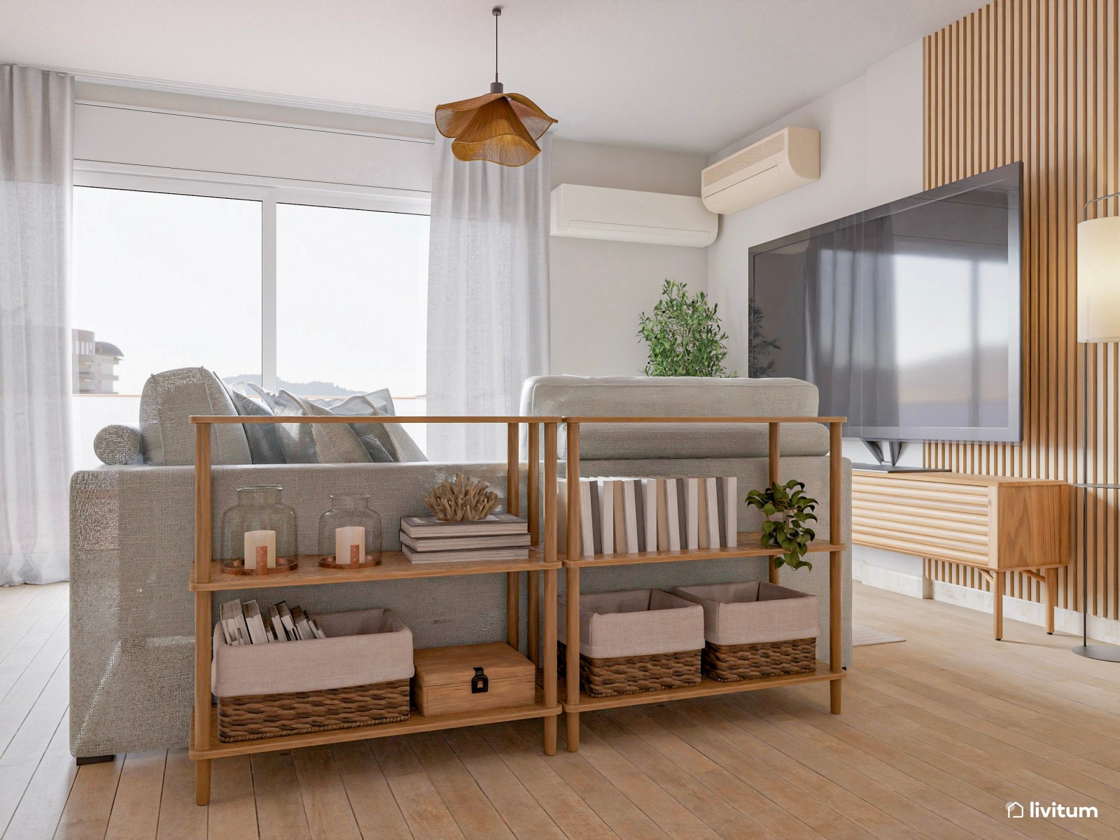 Salón comedor con listones de madera en pared y muebles