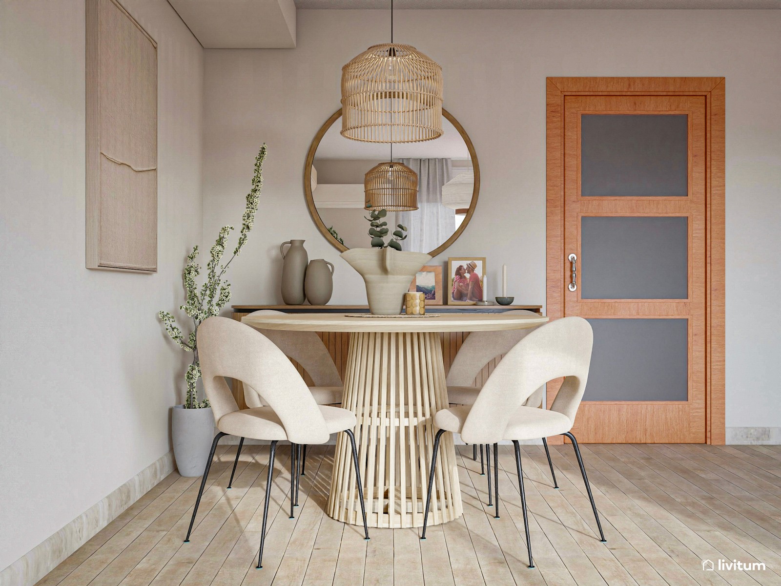 Salón comedor con listones de madera en pared y muebles