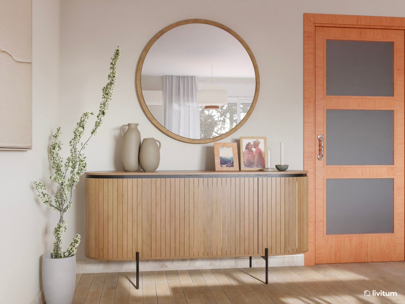 Salón comedor con listones de madera en pared y muebles