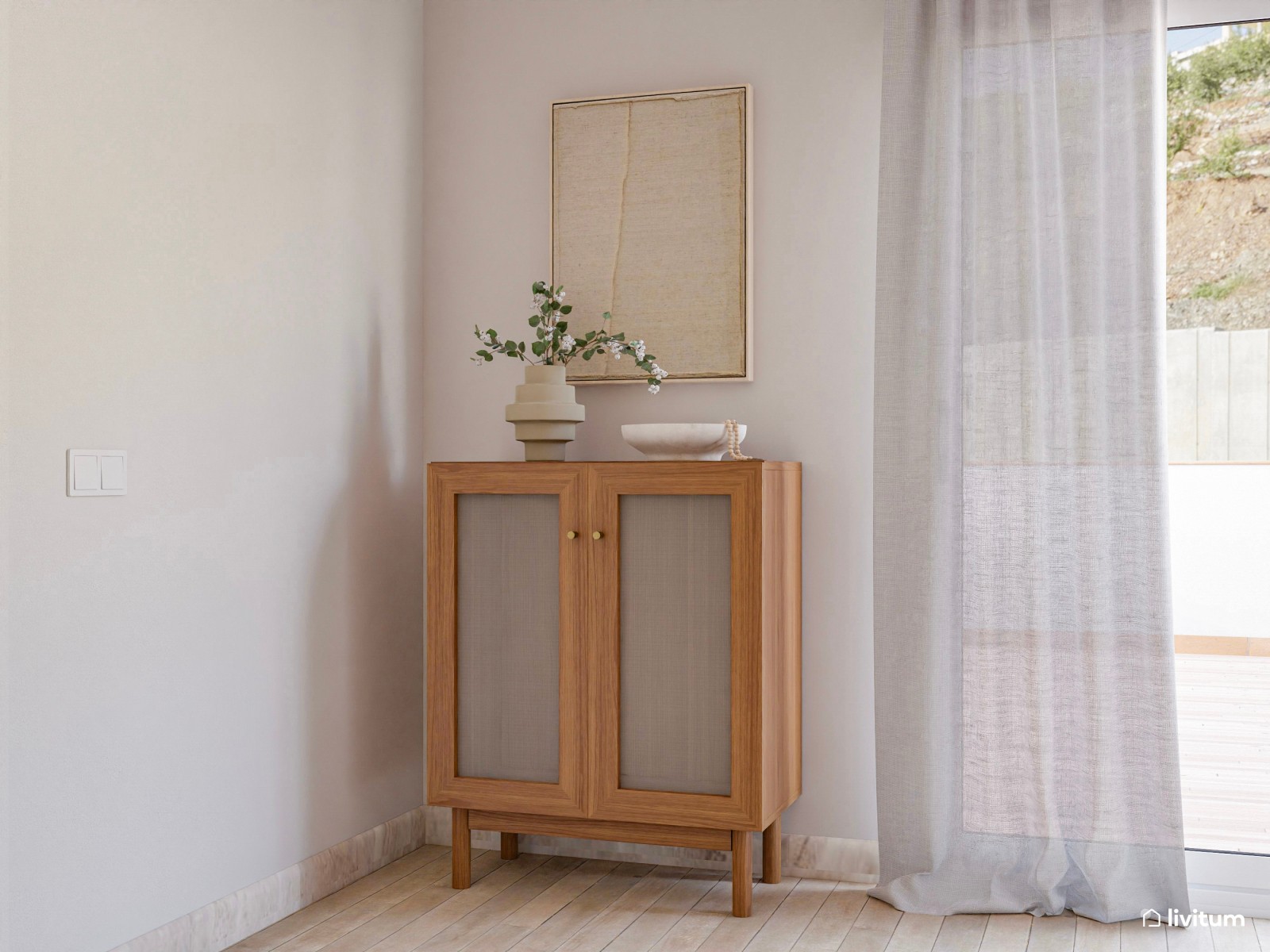 Salón comedor con listones de madera en pared y muebles