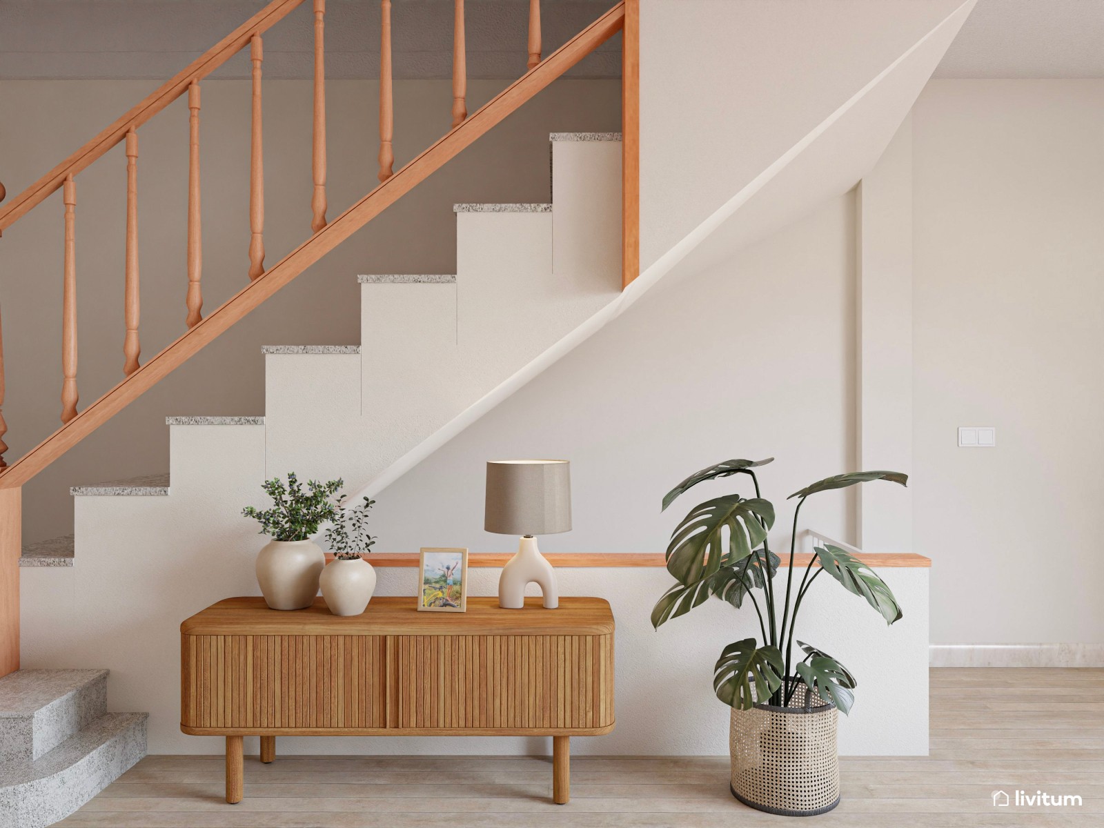 Salón comedor con listones de madera en pared y muebles