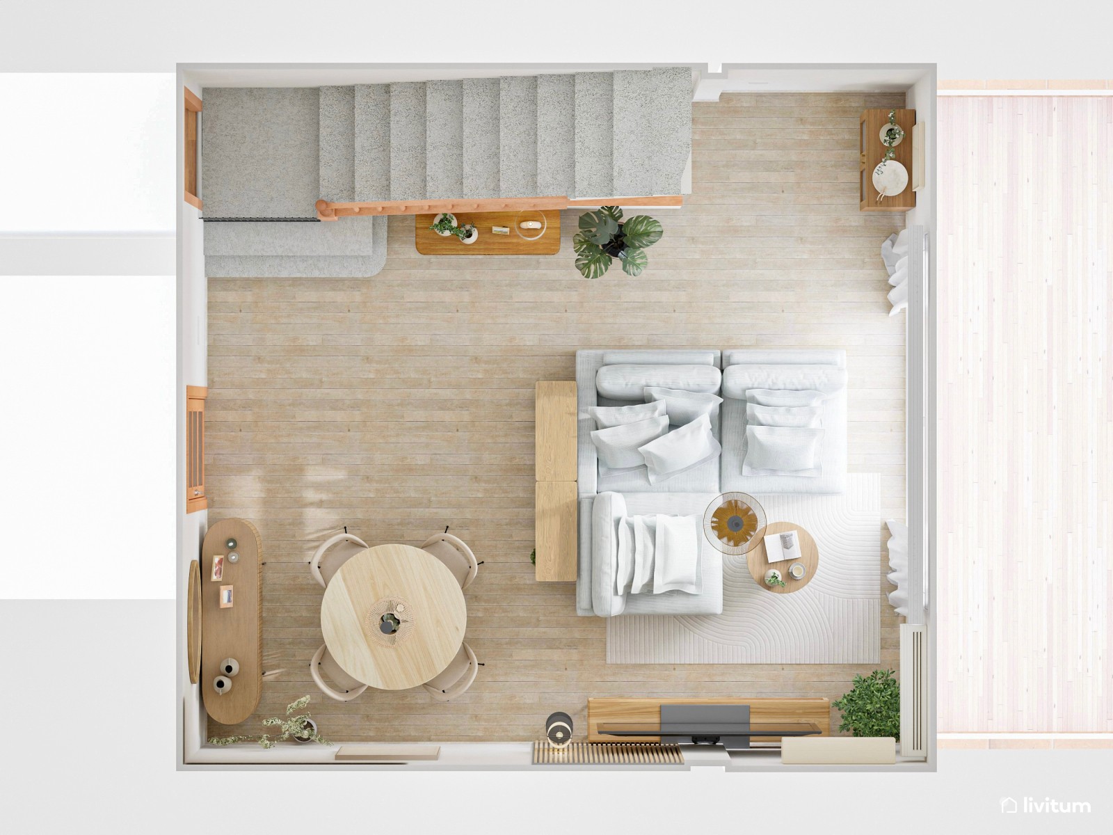 Salón comedor con listones de madera en pared y muebles