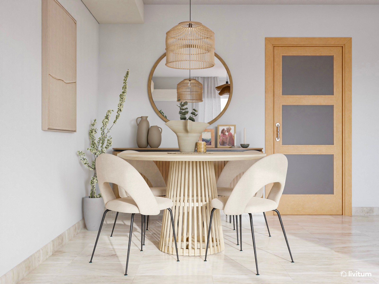 Salón comedor con listones de madera en pared y muebles