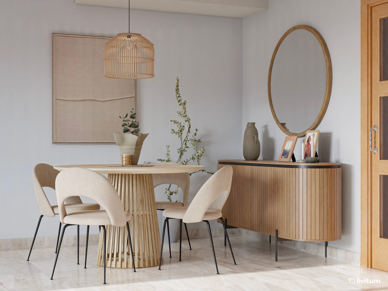 Salón comedor con listones de madera en pared y muebles