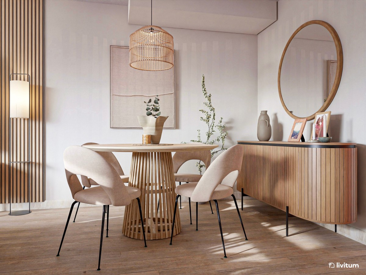 Salón comedor con listones de madera en pared y muebles