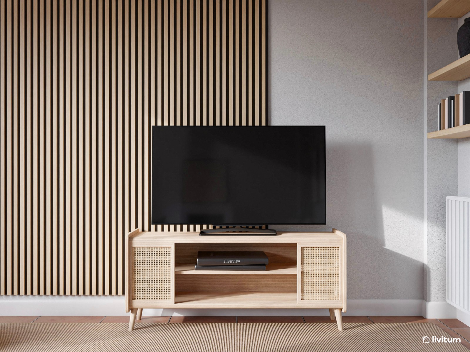 Salón comedor con listones de madera y detalles en negro
