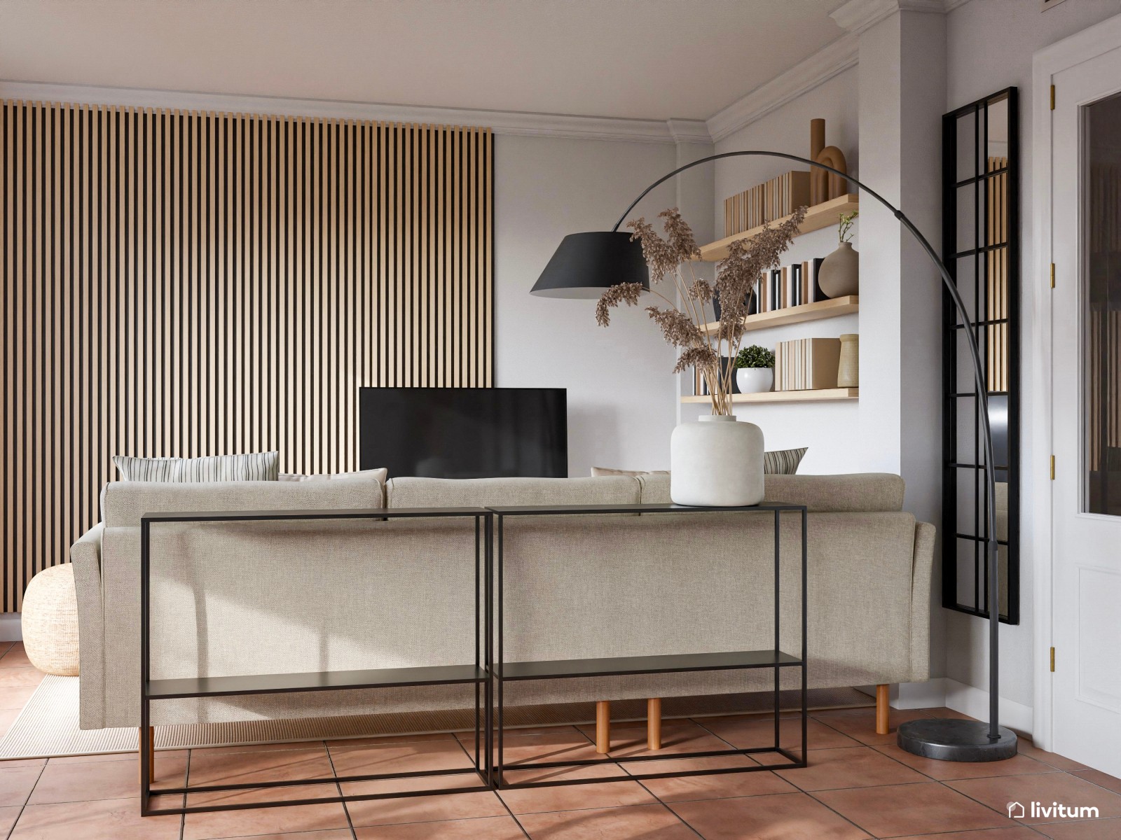 Salón comedor con listones de madera y detalles en negro