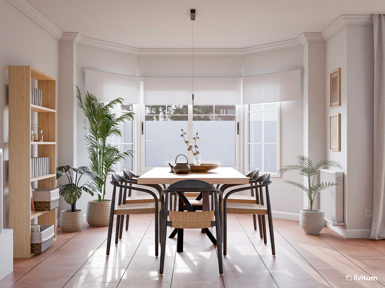 Salón comedor con listones de madera y detalles en negro