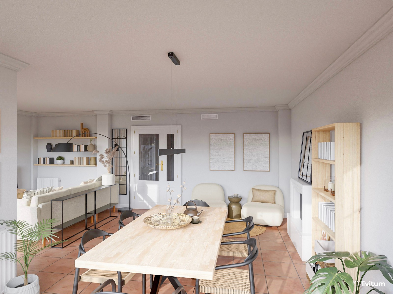 Salón comedor con listones de madera y detalles en negro