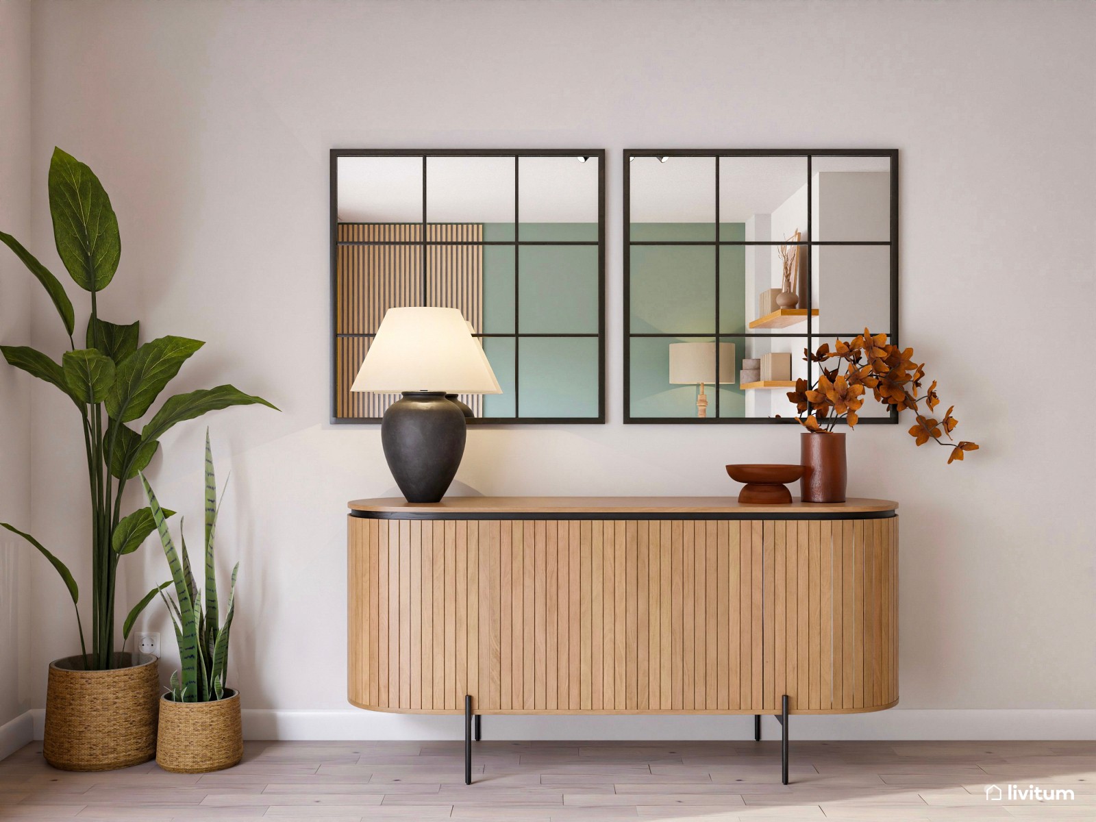 Salón comedor con listones de madera y detalles en verde 