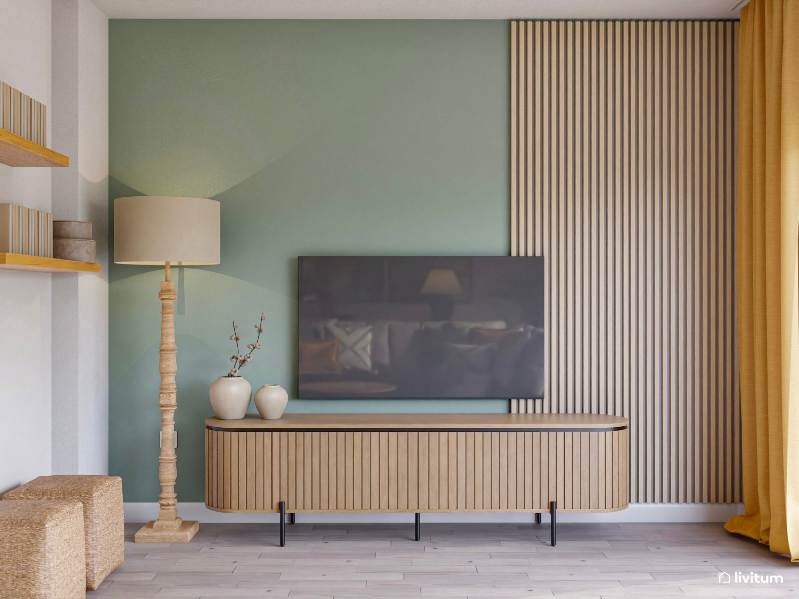 Salón comedor con listones de madera y detalles en verde 