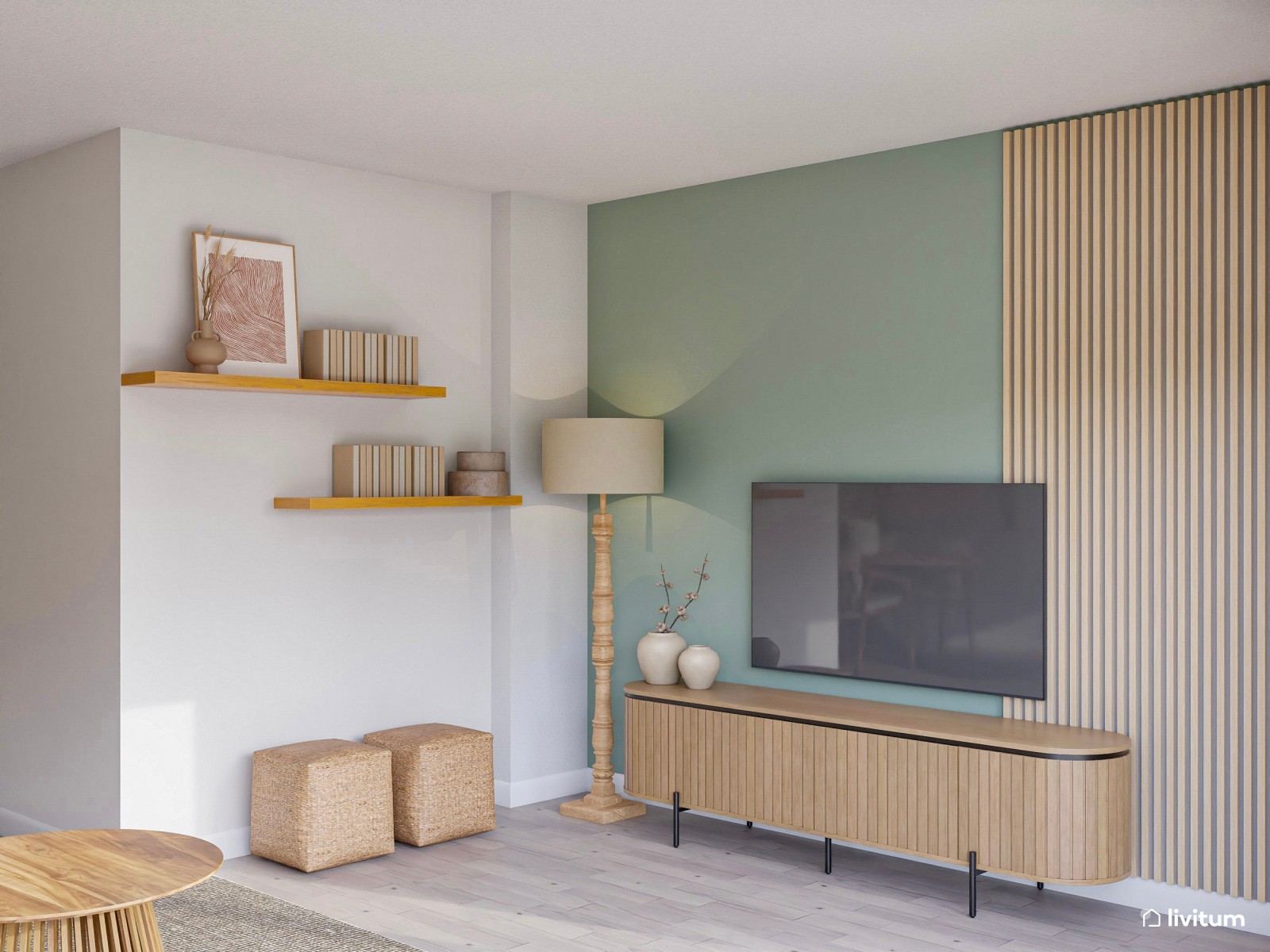 Salón comedor con listones de madera y detalles en verde 