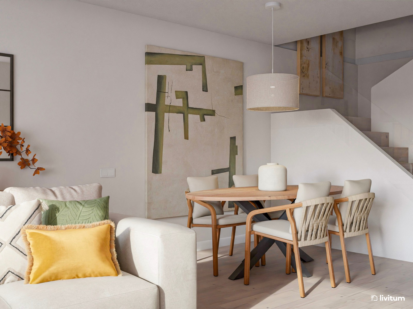 Salón comedor con listones de madera y detalles en verde 