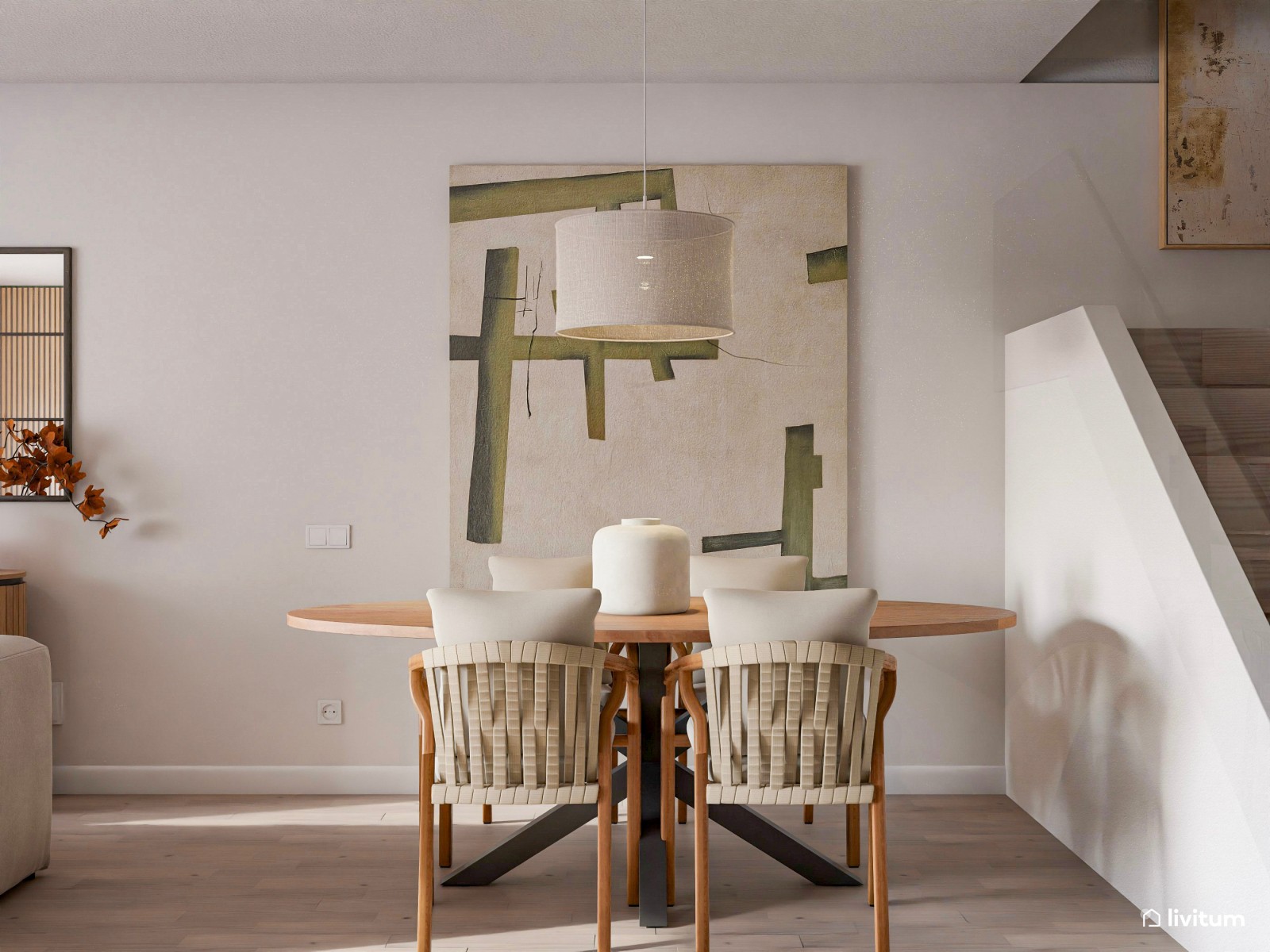 Salón comedor con listones de madera y detalles en verde 