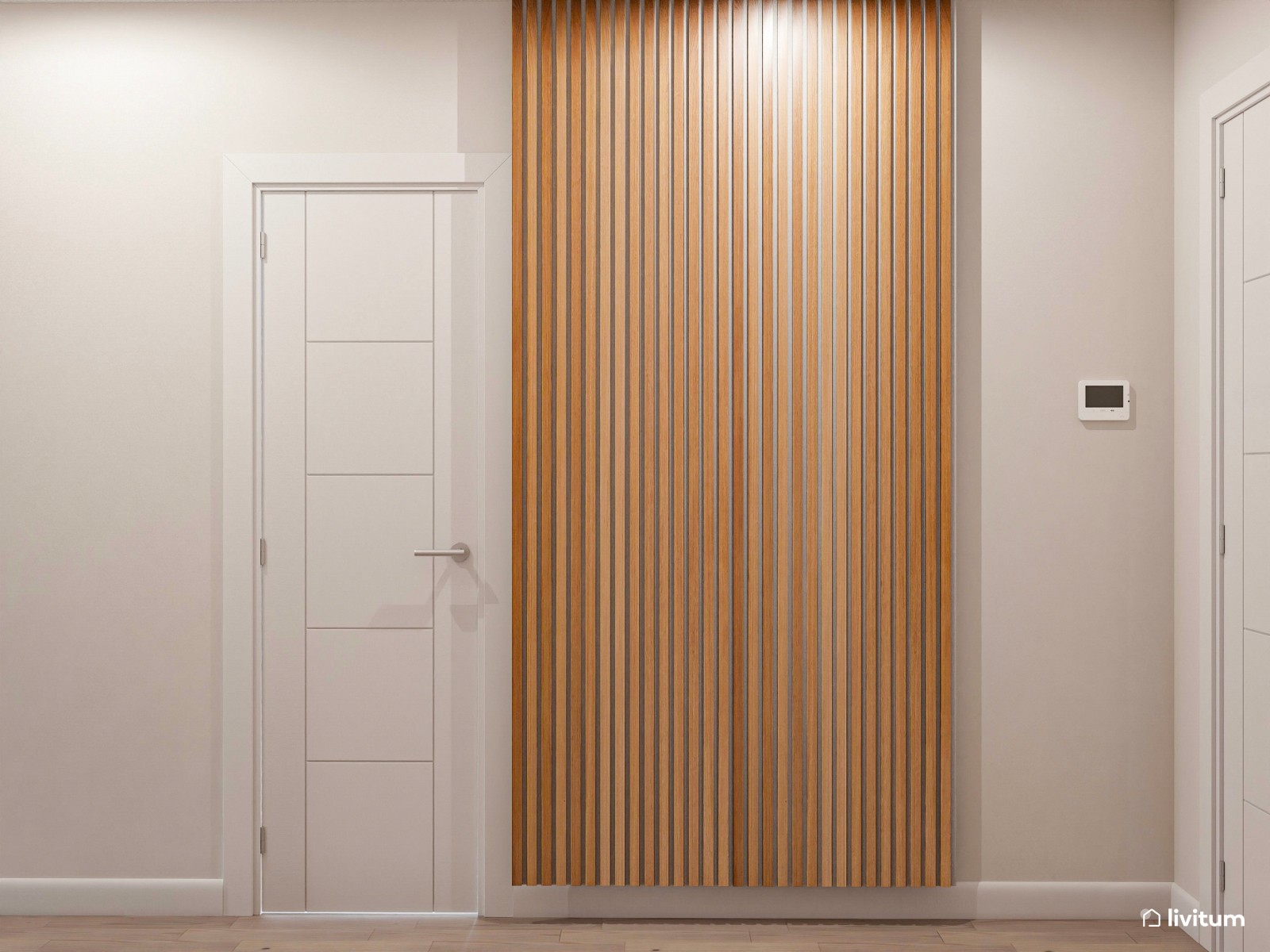 Salón comedor con listones de madera y detalles en verde 