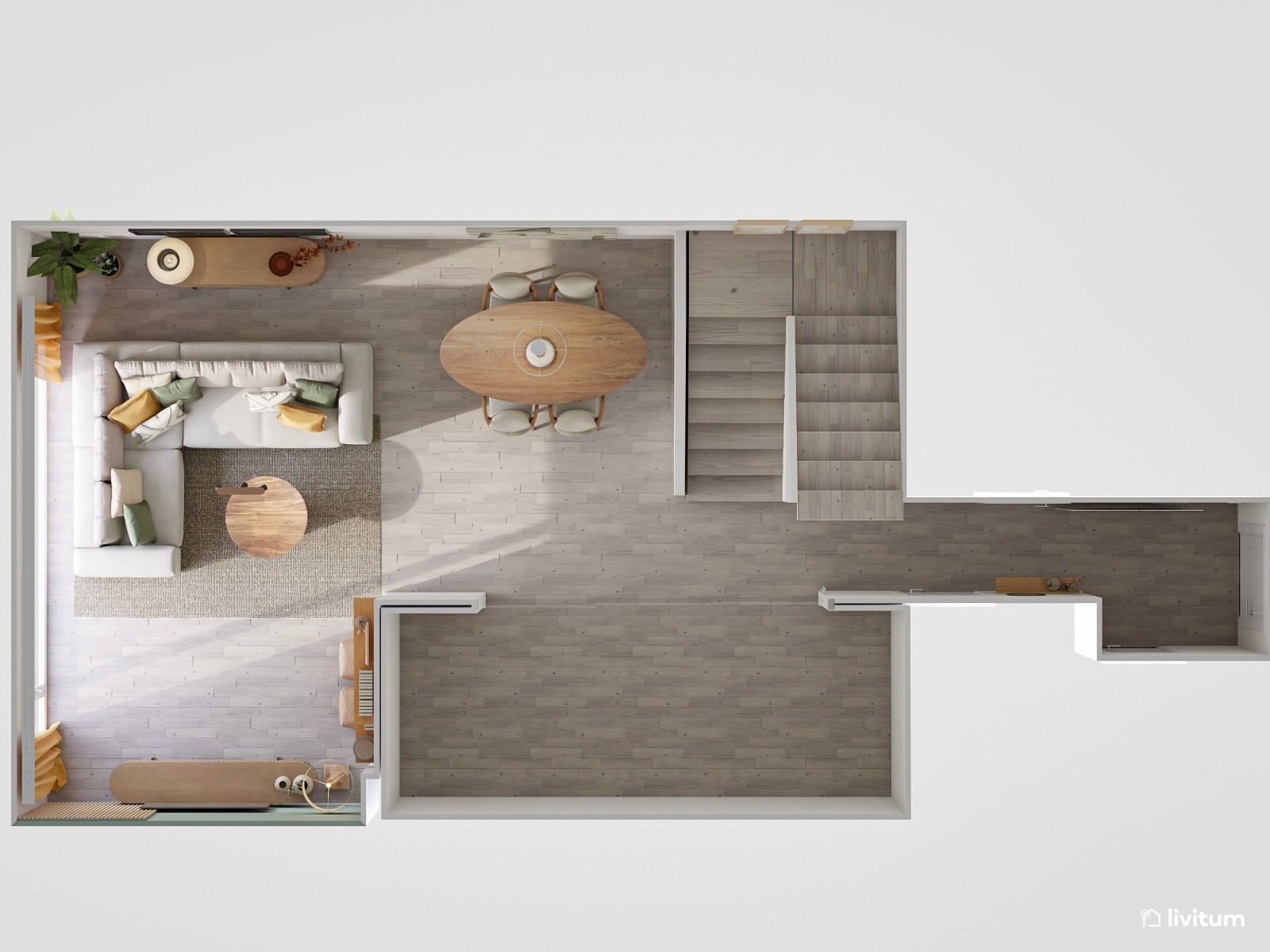 Salón comedor con listones de madera y detalles en verde 