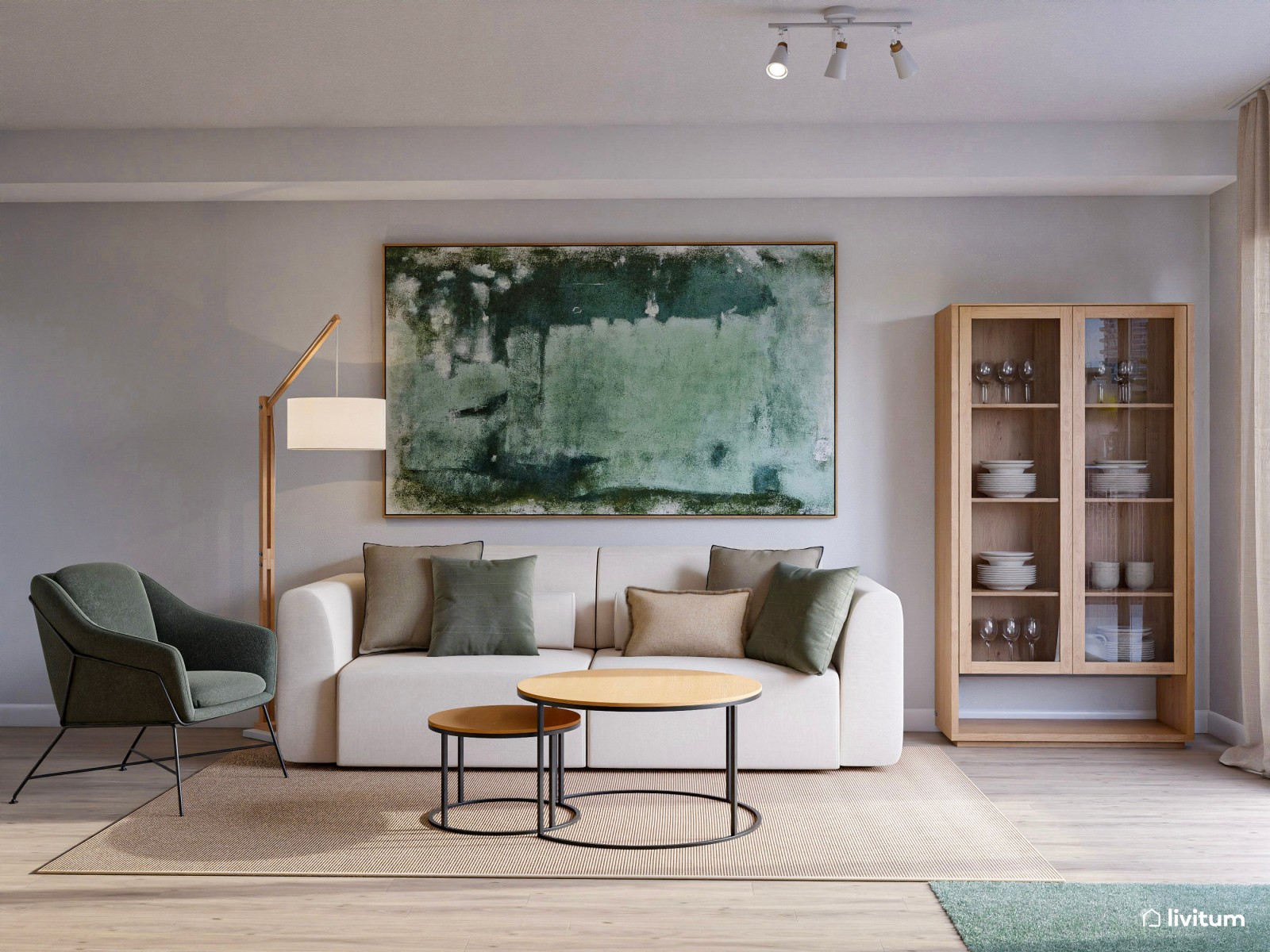 Salón comedor con listones de madera y detalles en verde