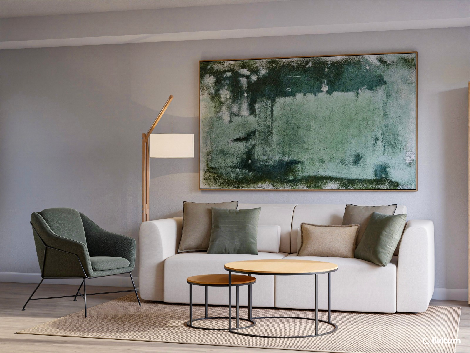 Salón comedor con listones de madera y detalles en verde