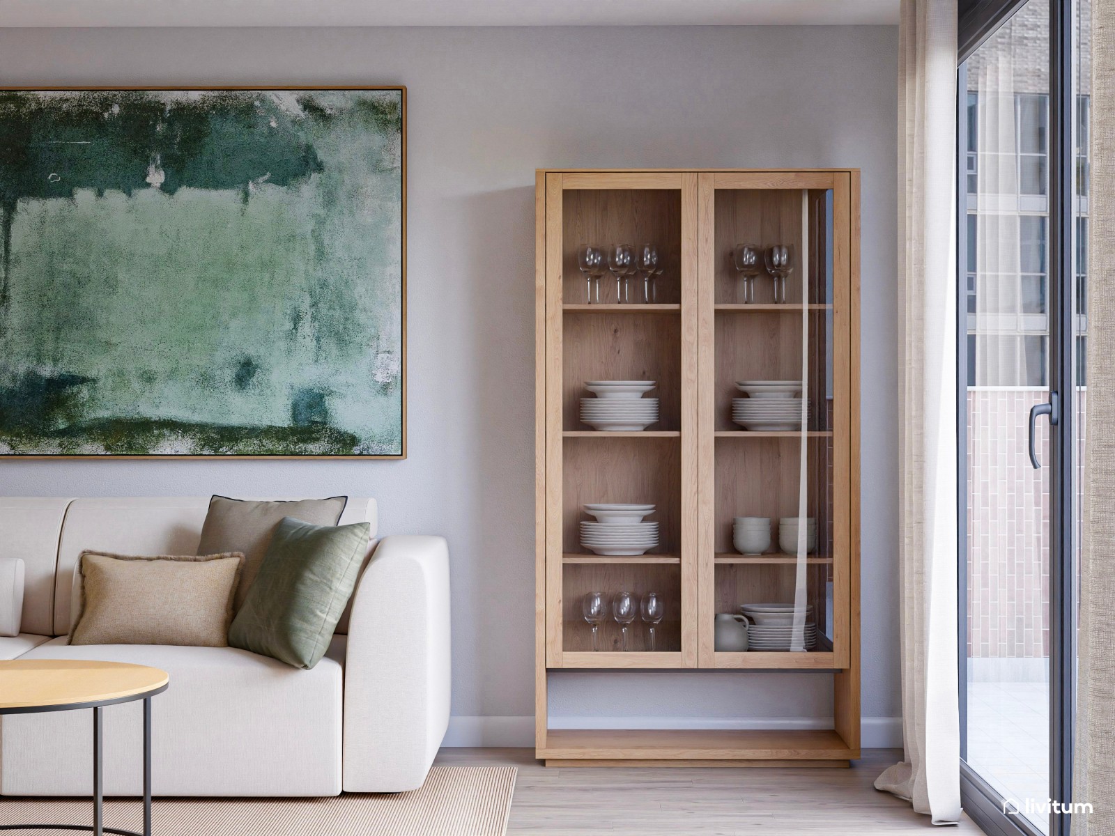 Salón comedor con listones de madera y detalles en verde