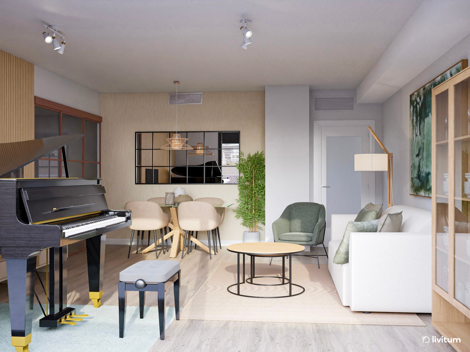 Salón comedor con listones de madera y detalles en verde