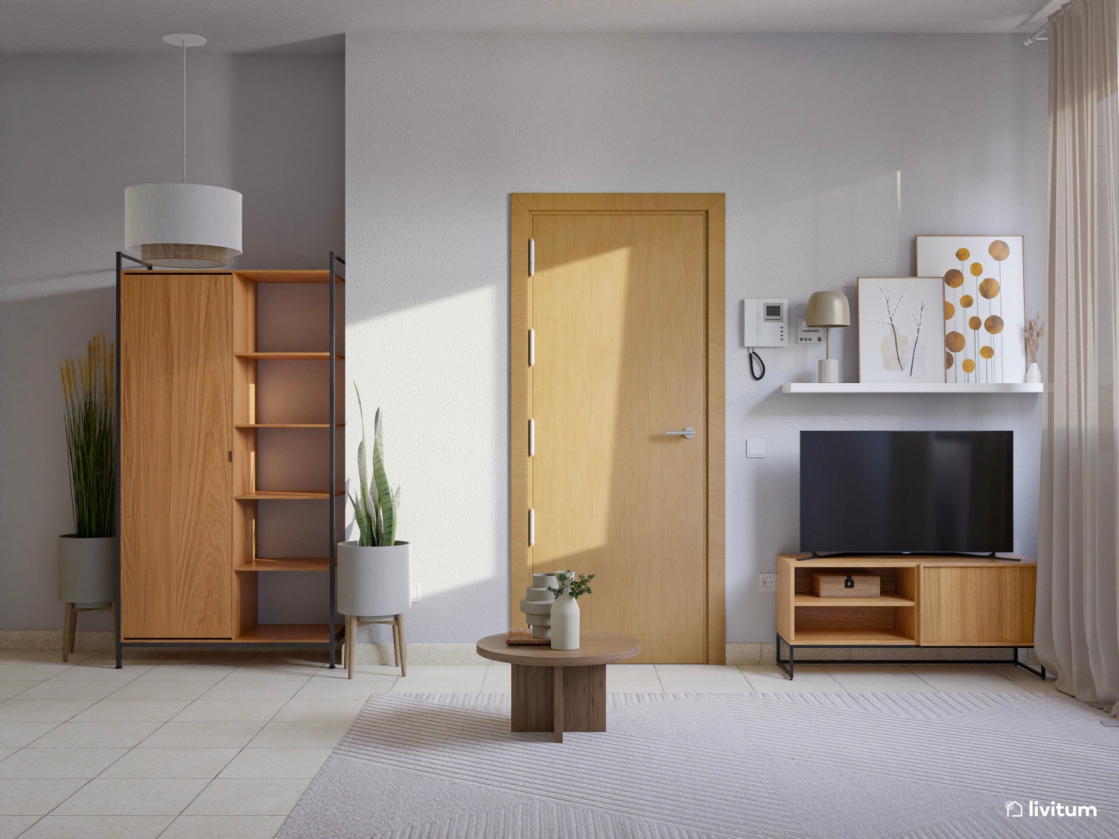 Salón comedor con listones de madera y sofá azul