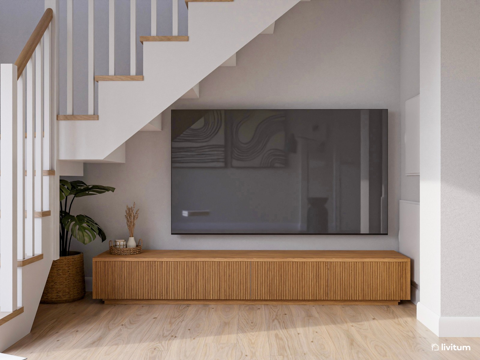 Salón comedor con madera, negro y detalles en verde